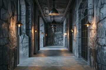 Poster - Empty corridor with stone walls and vintage lamps lighting
