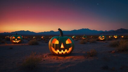 3D neon pumpkins glowing vividly against a desert sky, ample copy space