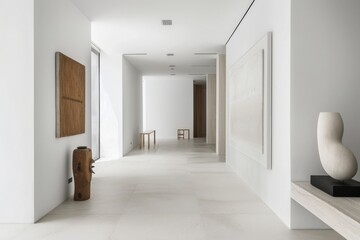 Modern art gallery interior featuring minimalist design and white walls