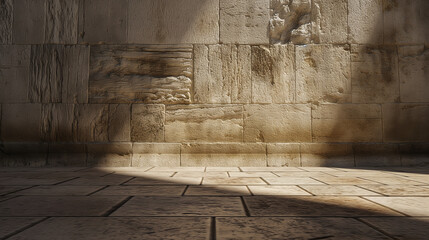 Ancient stone wall with textured blocks illuminated by soft sunlight, creating a serene and historic ambiance, historical architecture concept