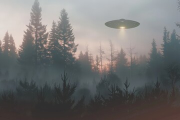Aufkleber - Unidentified flying object hovering over foggy forest at sunset
