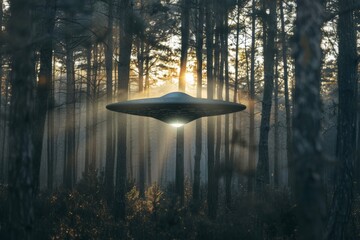 Aufkleber - Unidentified flying object hovering over forest at sunset