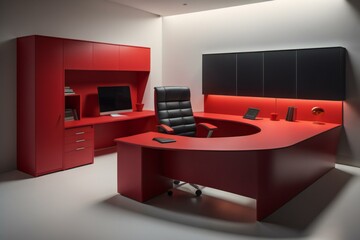 modern office interior with red desk and computer. ai generated