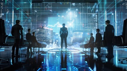 group of businessman has meeting with hologram, futuristic technology and board of directors concept, generative AI