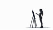 © ChimE - Young woman silhouette painting on easel against white background, concept of hobby and creativity.