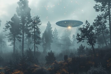 Aufkleber - Alien spaceship hovering over a foggy forest at night