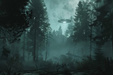 Aufkleber - Alien spaceship hovering over a foggy forest at night