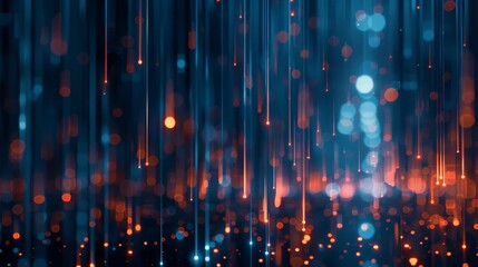 Poster - Abstract falling light streaks in blue and orange on a dark background. Represents digital rain and futuristic design elements.