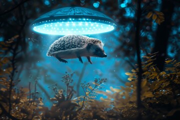 Aufkleber - Hedgehog being abducted by ufo in magical forest at night