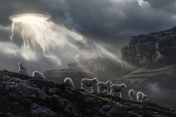 Aufkleber - Sheep grazing under alien spaceship hovering in dramatic sky