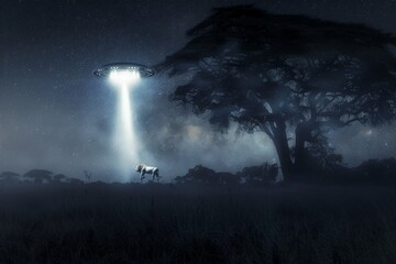 Aufkleber - Lion walking away from alien spaceship beam in savannah at night
