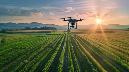 Drones in action over expansive farmlands, illustrating the role of technology in revolutionizing agriculture.