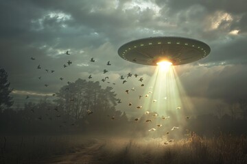 Aufkleber - Ufo flying object hovering over countryside road at night beaming light
