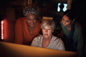 Poster - Business team, computer and working at night in office for company project, diversity and late deadline. Digital agency, diversity and strategy in workplace as women with burnout for collaboration