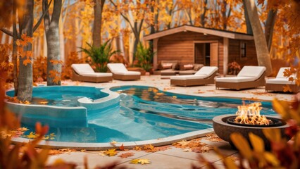 Poster - A small pool surrounded by chairs and a fire pit, AI