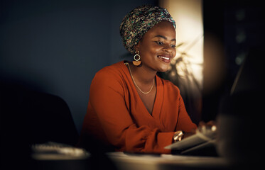 Aufkleber - African, business woman and laptop as working late with overtime, happy and confident in office. Female person, technology and entrepreneur for deadline, project or editing, as online content creator