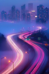 Poster - Highway traffic trails leading to modern city skyline at night