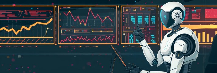 Aufkleber - Robot analyzing financial graphs on screens in a high-tech environment. Futuristic AI in finance.