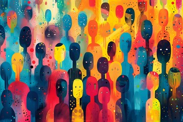 Wall Mural - Vibrant Crowd of Abstract Figures in a Colorful Landscape