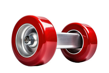 A Close-Up View of Two Shiny Red Wheels Connected by a Silver Bar on a Clear PNG or White Background.