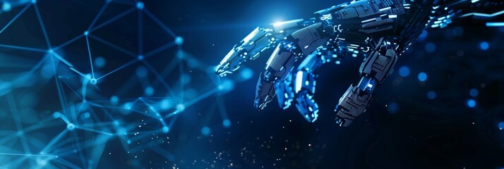 Poster - Detailed view of a robotic hand with glowing blue elements in a dark, high-tech setting. Ideal for illustrating advanced technology, AI, and futuristic concepts.