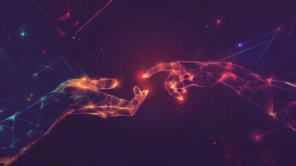 Aufkleber - Two abstract digital hands reaching towards each other with glowing orange and pink lights on a dark background. Futuristic connection and AI interaction.
