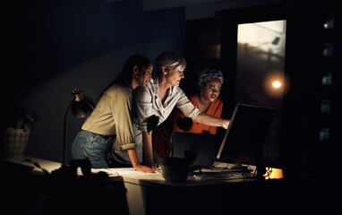 Poster - Digital agency, technology and research at night in office for company project, diversity and late deadline. Business team, working and strategy in workplace as women with burnout for collaboration