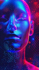 Poster - Close-up digital representation of a human face with grid and neon lights. Concept of AI and technology.