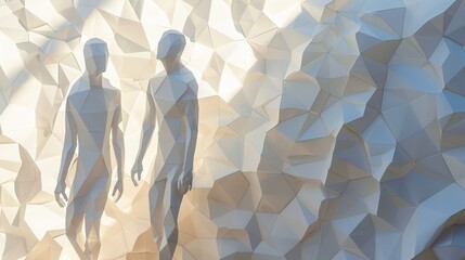 Poster - Abstract representation of two humanoid figures in a geometric design. Futuristic concept of human-robot interaction and technology integration.
