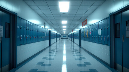  Empty high school hallway with rows of blue lockers