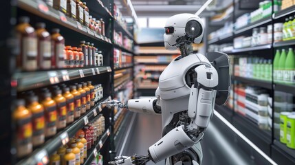 Aufkleber - Robot shopping assistant analyzing products on grocery store shelves. AI technology in retail and customer service.