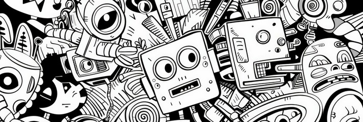 Leinwandbilder - Black and white abstract doodle art with various robotic elements and characters. Concept of creative robotic illustrations and modern design.