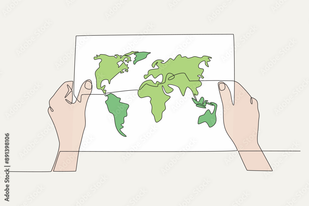 Colored hand holding world map. World map concept one-line drawing ...