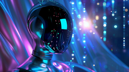 Wall Mural - Futuristic robot in a helmet that reflects the shining glowing cyberspace