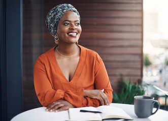 Poster - Coffee, notebook and thinking with business woman on balcony of office in city for break or pause. Diary, future and smile with African employee at workplace in urban town for planning or vision