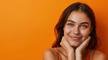 Wall Mural - Creative portrait of a young woman on orange background