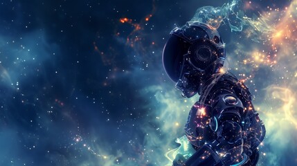 Poster - Futuristic astronaut robot in space with glowing lights and cosmic background. Concept of advanced space technology and exploration.
