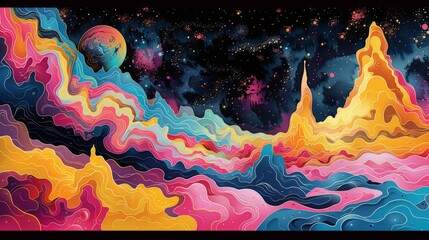 Wall Mural - Vibrant and colorful swirling patterns with retro aesthetic.