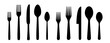 © stoker - Set different fork, spoon and knife icons sign. Silverware icons. Logotype menu. Menu symbol. Black silverware icon. Vector illustration.