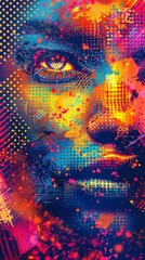 Poster - Vibrant digital face with expressive eyes and intricate patterns on a dark background. Highlights futuristic technology and AI