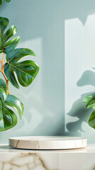 Wall Mural - A Single Monstera Leaf in a White Vase on a Marble Tabletop With Sunlight Streaming In