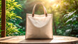 © 9KHOU - Blank white canvas tote bag mockup on a sunlit table, perfect for showcasing designs This eco-friendly product  is perfect for promoting sustainable living simple, and durable design.