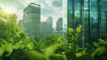 Corporate ESG reporting and nature awareness concept with green elements and business buildings. Copy space for text.