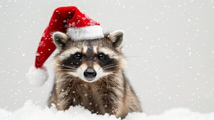 Wall Mural - Adorable Raccoon Wearing Santa Hat in Snow Captures Festive Spirit and Winter Charm