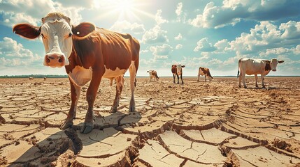 Poster - Cows in a dry field under hot sun, suffering from lack of water, earth completely cracked by drought and climate change. Conceptual illustration of global warming