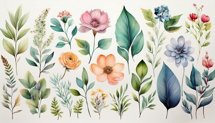 Watercolor illustration of beautiful collection of botany specimens on white background, showcasing delicate flowers and lush foliage., foliage, illustration