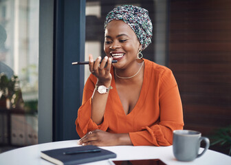 Aufkleber - Balcony, black woman and happy for voice note on smartphone for social media, communication and networking. Female person, office and smile in table with audio message for discussion, chat and laugh