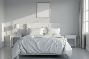 Aufkleber - Sun shining on modern minimalist white bedroom with frame mockup