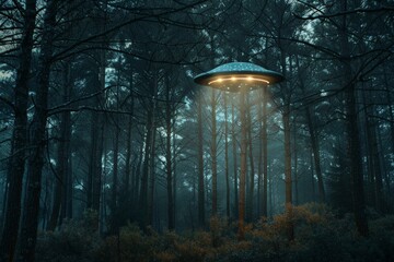 Aufkleber - Unidentified flying object hovering over forest at night