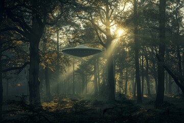 Aufkleber - Unidentified flying object hovering over forest at dawn